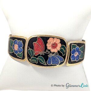 Vintage Cloisonne Butterfly & Floral Panel Gold Tone Hinged Bangle Bracelet